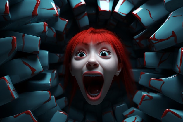 a woman with red hair is in the middle of a hole