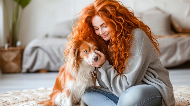 A woman with red hair is petting a dog