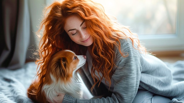 A woman with red hair is petting a dog