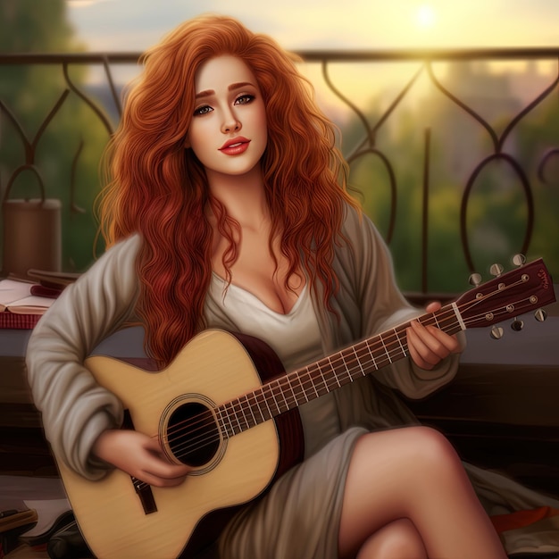 a woman with red hair is playing a guitar