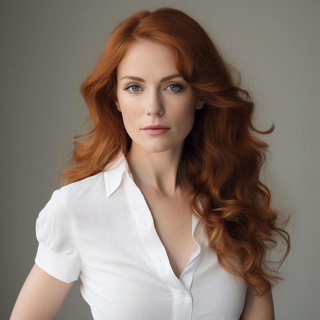 A woman with red hair is posing for a photo.