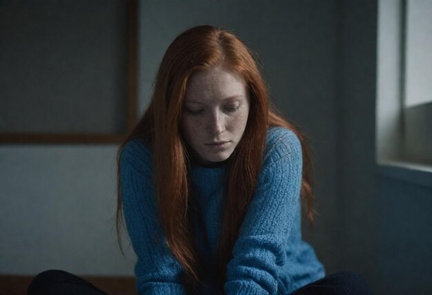 a woman with red hair is sitting on a couch