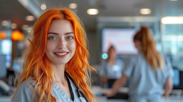 a woman with red hair is smiling at the camera