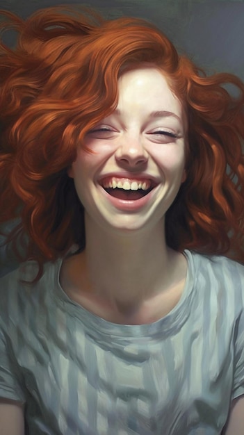 a woman with red hair is smiling and has a white shirt that says " happy ".