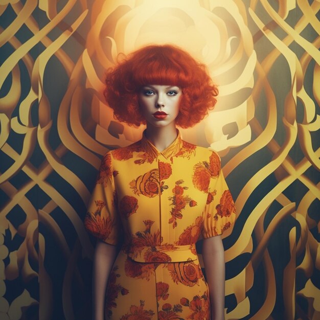 A woman with red hair is standing in front of a patterned background.