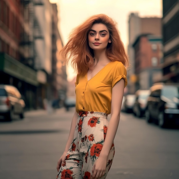 a woman with red hair is standing in the street.