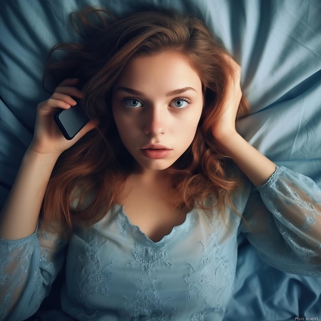 a woman with red hair is talking on a phone