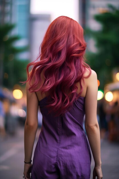 A woman with red hair is walking down the street.