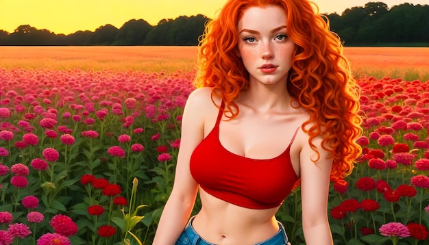 a woman with red hair is walking in a field of flowers vacations springtime