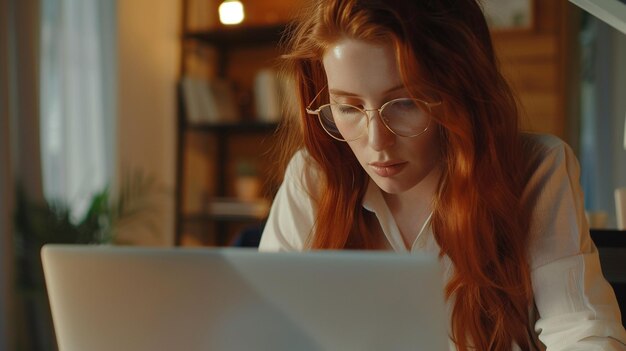 A woman with red hair is working on a laptop