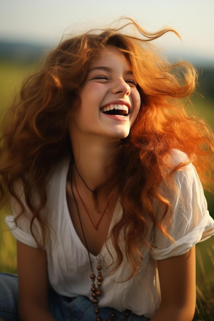 Foto una donna con i capelli rossi che ride e ride