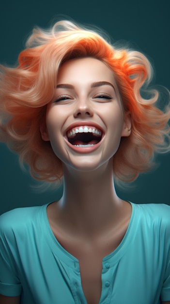 a woman with red hair laughing and smiling