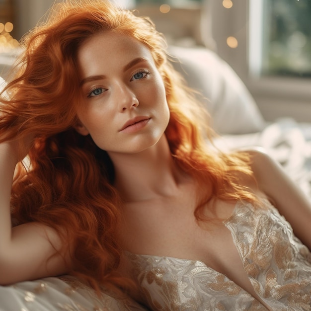 A woman with red hair laying on a bed