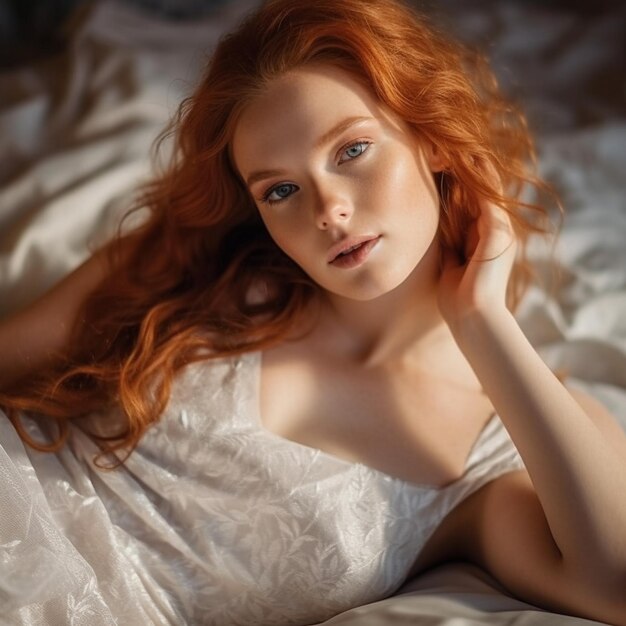 A woman with red hair laying on a bed