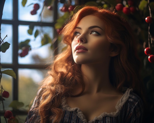 Photo a woman with red hair looking out of a window