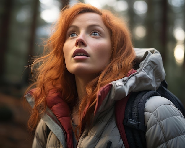a woman with red hair looking up in the woods