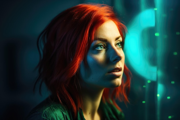 A woman with red hair looks out of a glass window.