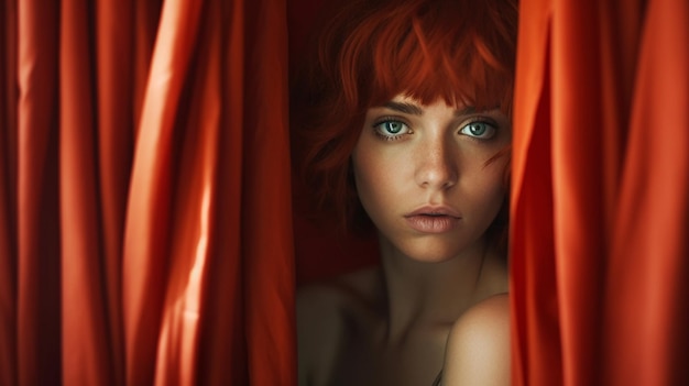 A woman with red hair looks out of a red curtain.