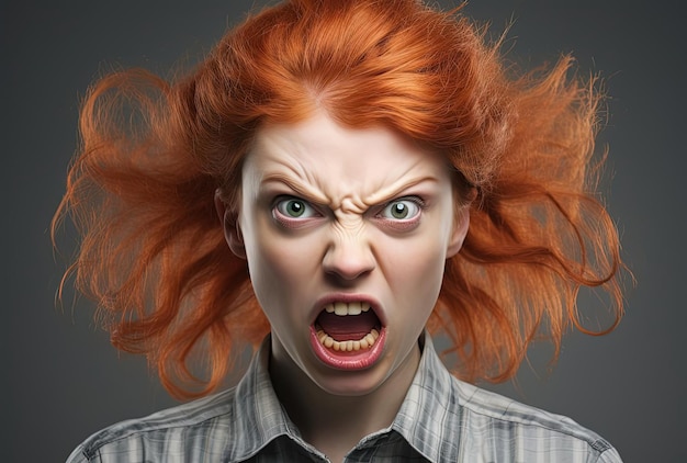 a woman with red hair and a mad look in the style of satirical humor