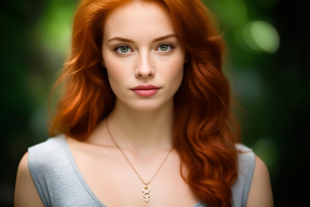 Woman with red hair and necklace on her neck Generative AI