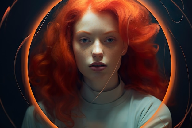 A woman with red hair in an orange circle high quality realism portrait MADE WITH AI