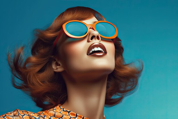 A woman with red hair and orange sunglasses