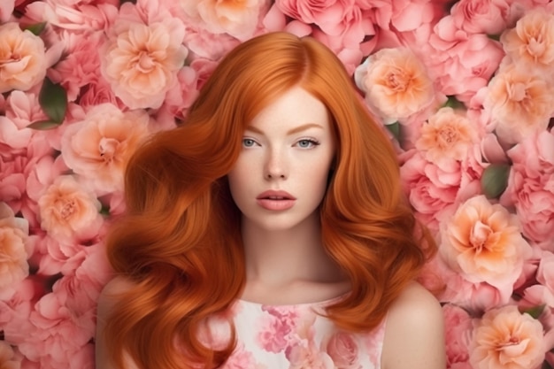 A woman with red hair and a pink flower background