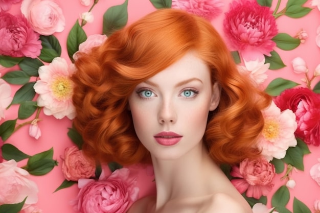 A woman with red hair and a pink flower background