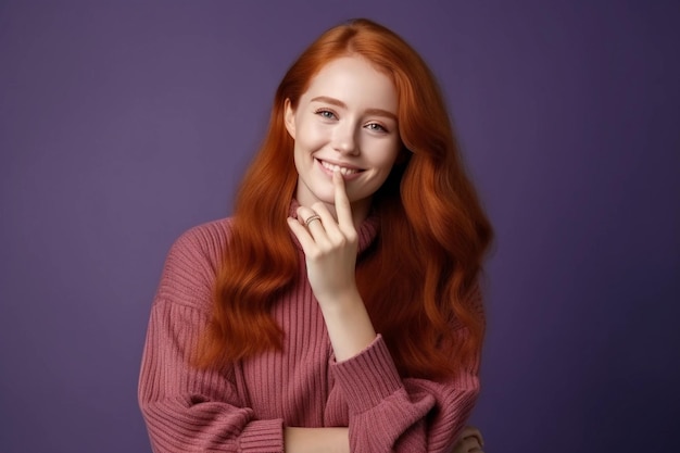 A woman with red hair and a pink sweater smiles at the camera.