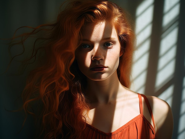 a woman with red hair posing in front of a window