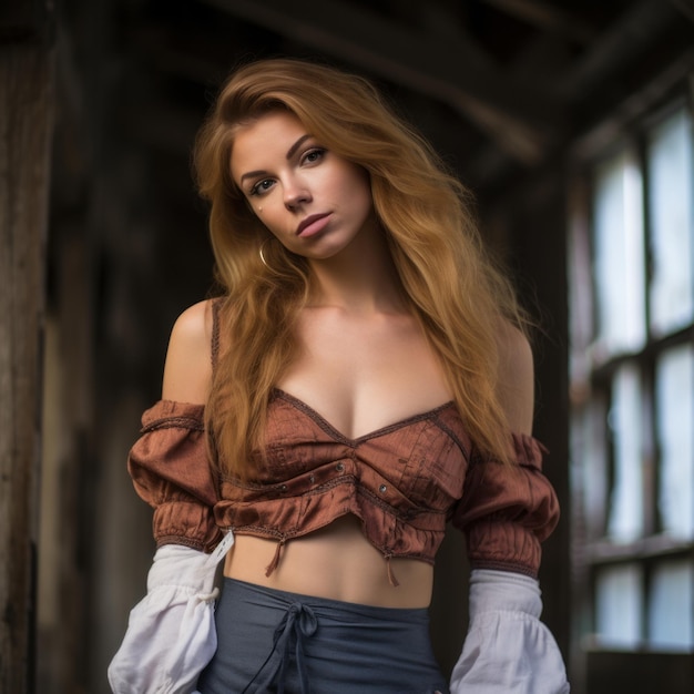 a woman with red hair posing in an old building