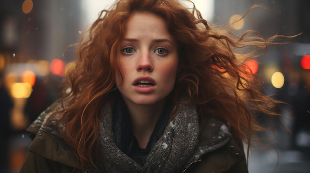 a woman with red hair in the rain