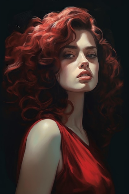 A woman with red hair and a red dress