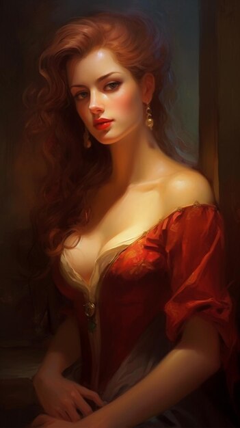 A woman with red hair and a red dress