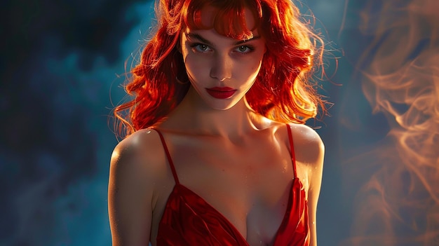 a woman with red hair and red hair is shown with a red dress