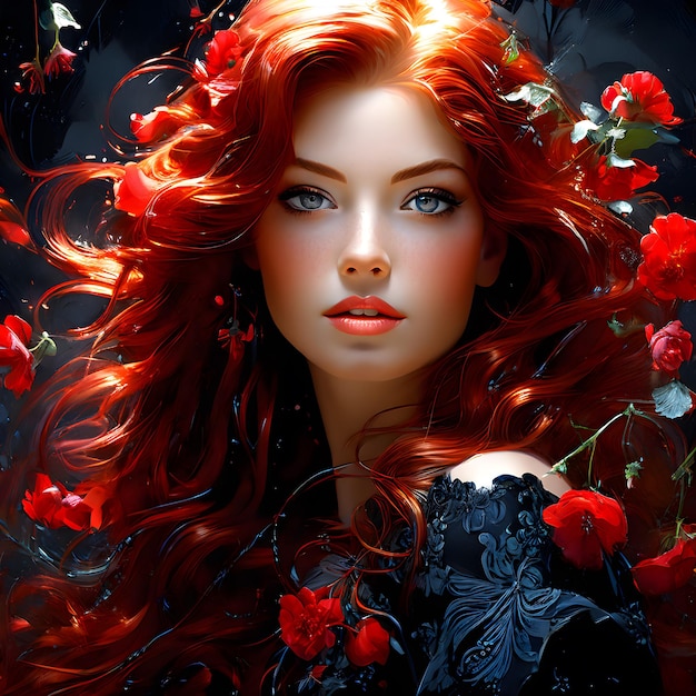 a woman with red hair and a red hair with flowers in the background