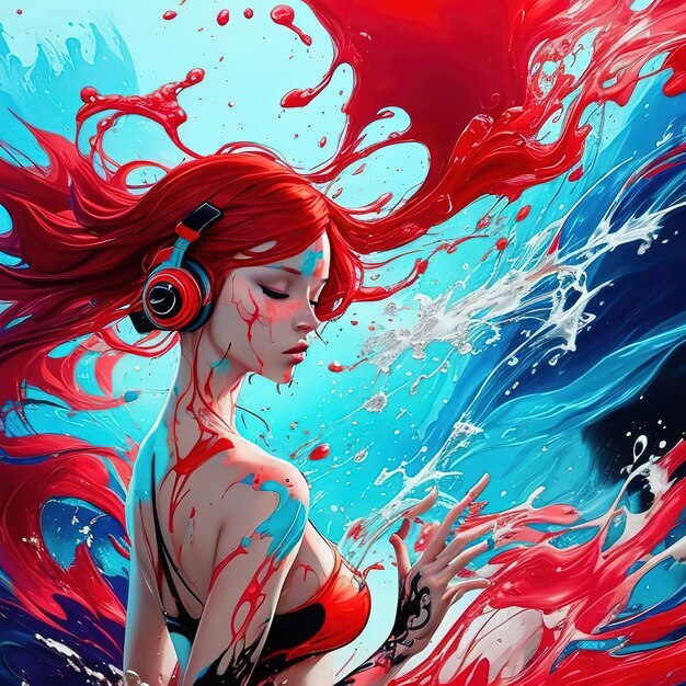 A woman with red hair and a red headphones is surrounded by water.