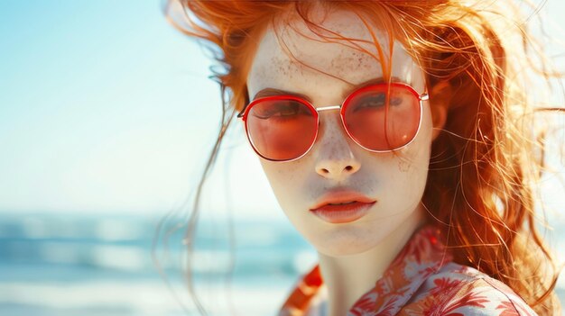 A woman with red hair and red sunglasses is standing on a beach