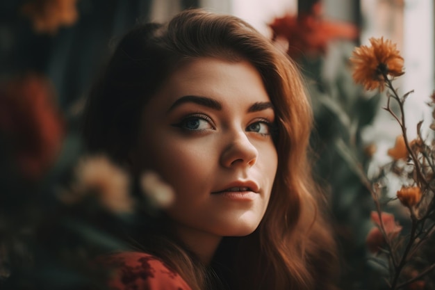 A woman with red hair and a red sweater looks into the camera.