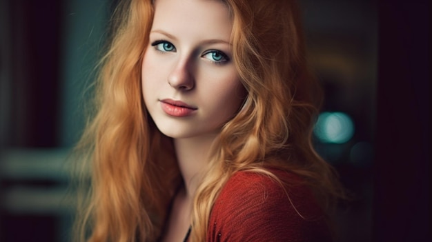 A woman with red hair and a red top looks into the camera.