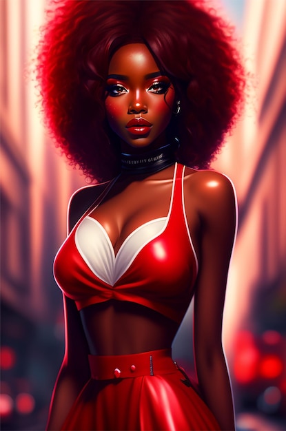 A woman with red hair and a red wig stands in front of a neon sign that says'black girl '