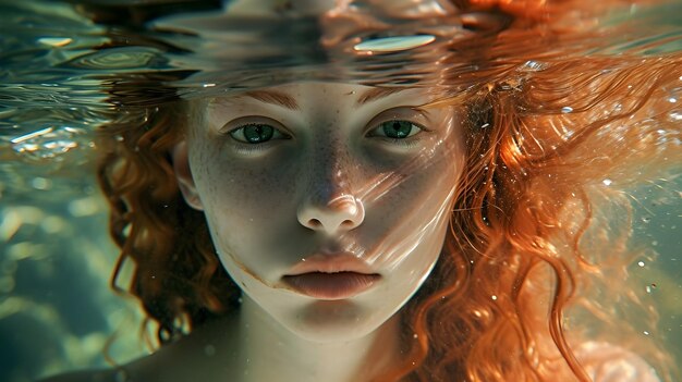 a woman with red hair and a reflection of her face in the water