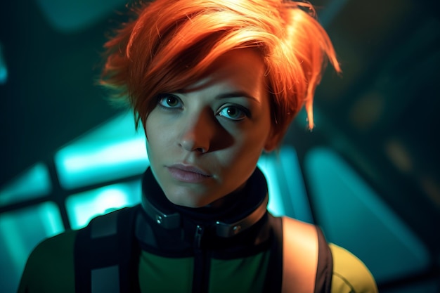 A woman with red hair in a sci fi setting