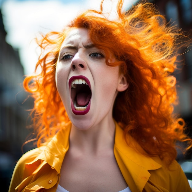 a woman with red hair screaming in the street