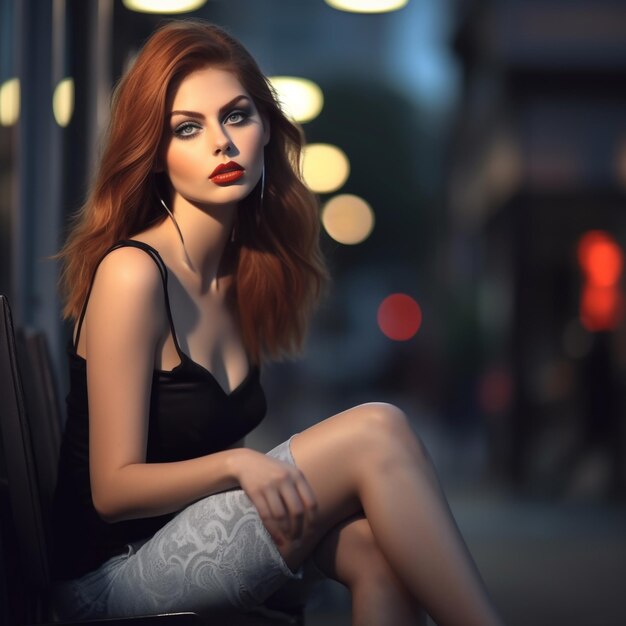 a woman with red hair sits on a bench in front of a window.