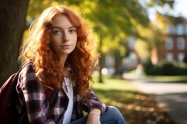 a woman with red hair sits on a bench in a park.