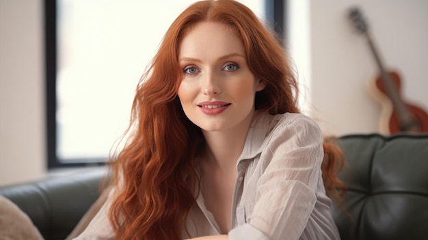 A woman with red hair sits on a couch in a living room.