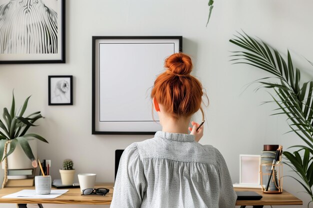 Foto una donna dai capelli rossi si siede a una scrivania con un portatile