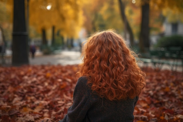 A woman with red hair sits on a fallen leaves in a park