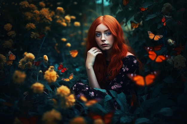 A woman with red hair sits in a field of flowers with butterflies on the background.